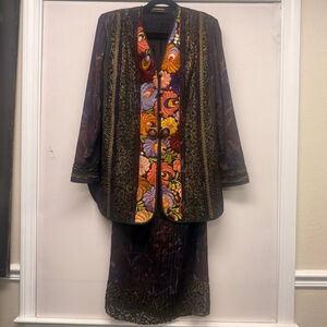 Women's Vintage KANEKO Purple Gold Floral Wearable Art top and skirt M/L